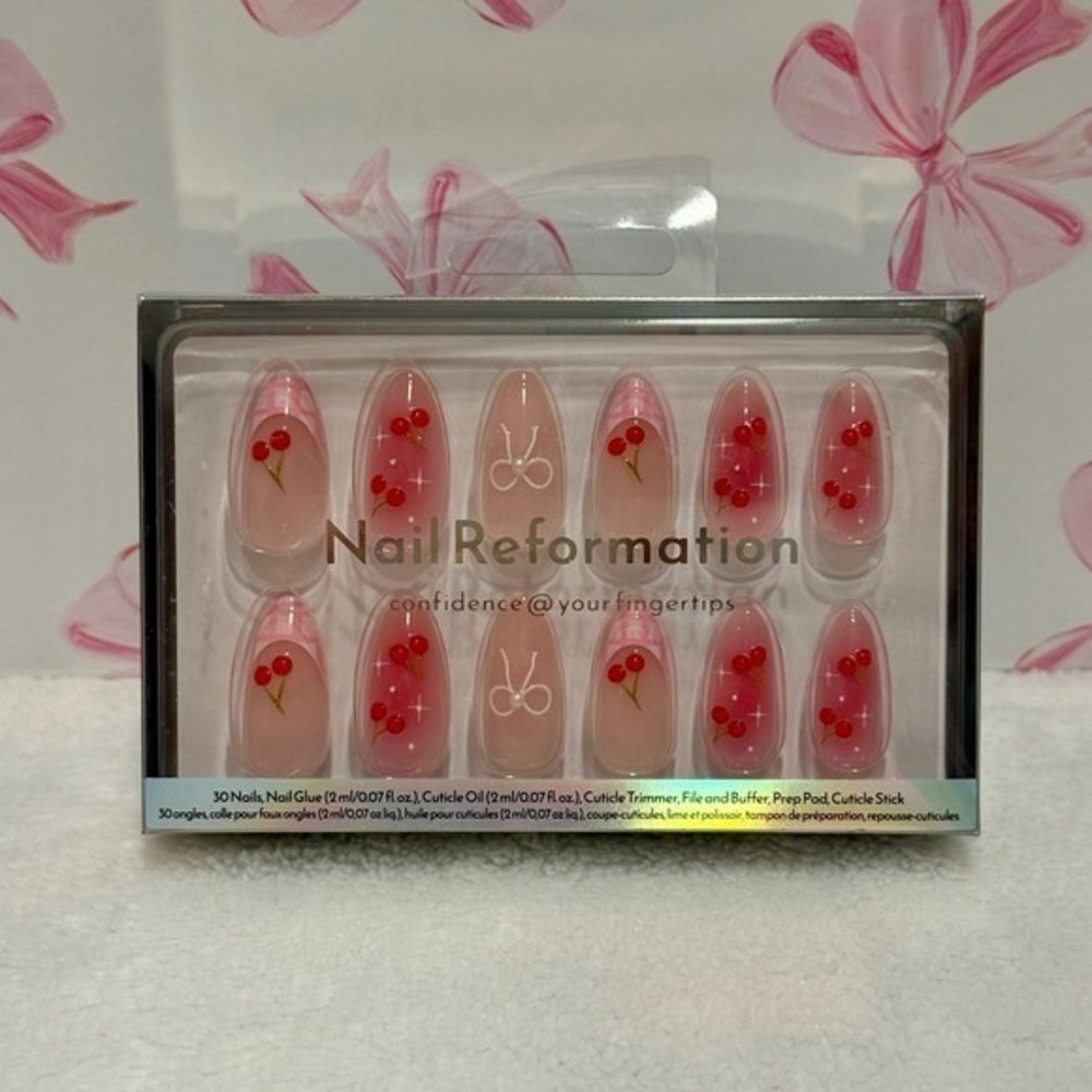 Nail Reformation Cherry Blossom French Tip Almond‎ Press On Nails 30 Piece Kit